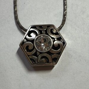 Vintage Brighton Silver Hexagon Pendant Necklace with Clear Crystal